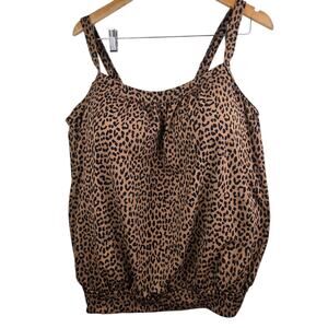 Lands End Leopard Animal Print Tankini Top Swimsuit Women's Size 16 D Padded Bra